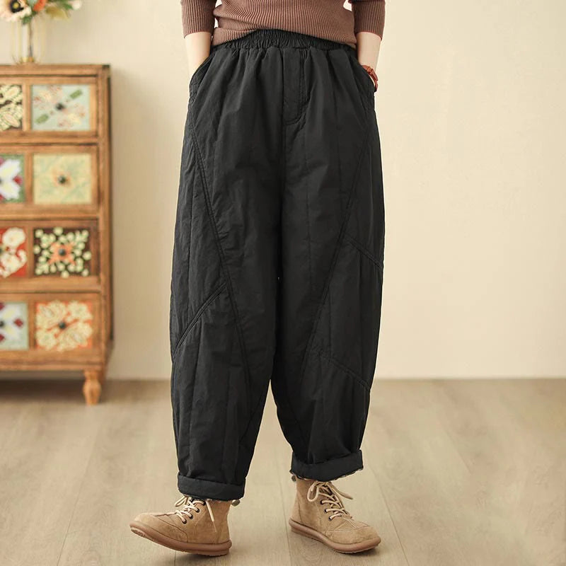 Buddha Stones Winter Plain High Waist Cotton Women's Harem Thermal Elastic Waist Pants With Pockets