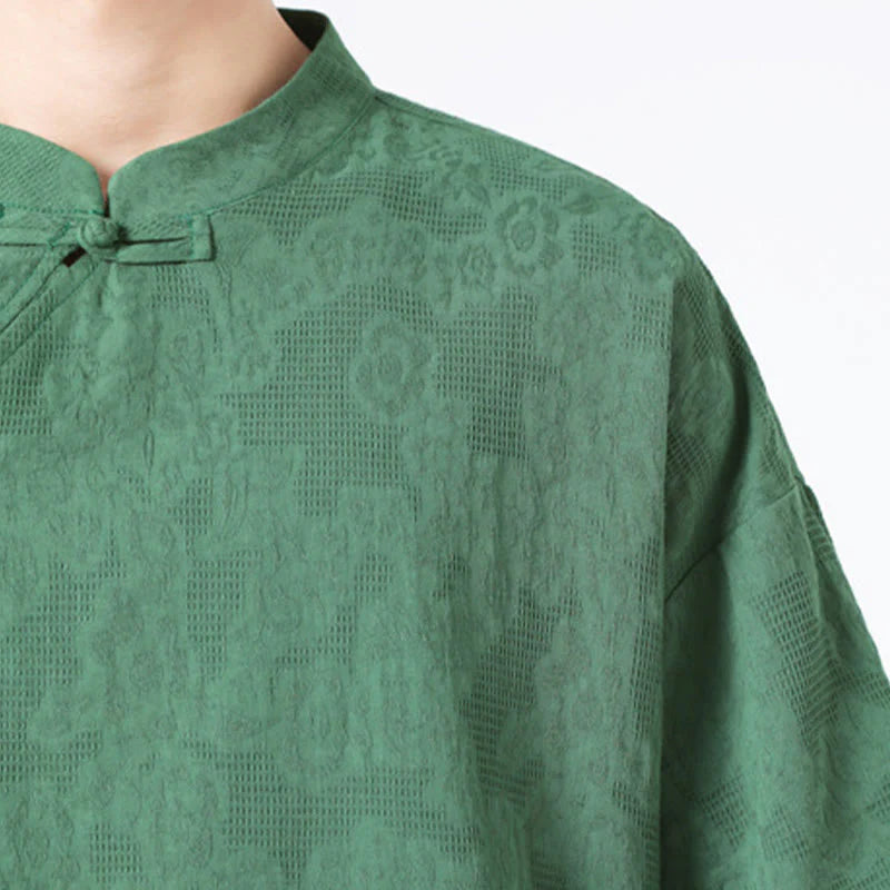 Buddha Stones Retro Pure Color Frog-Button Design Jacquard Flower Pattern Men's Short Sleeve Cotton Linen Shirt