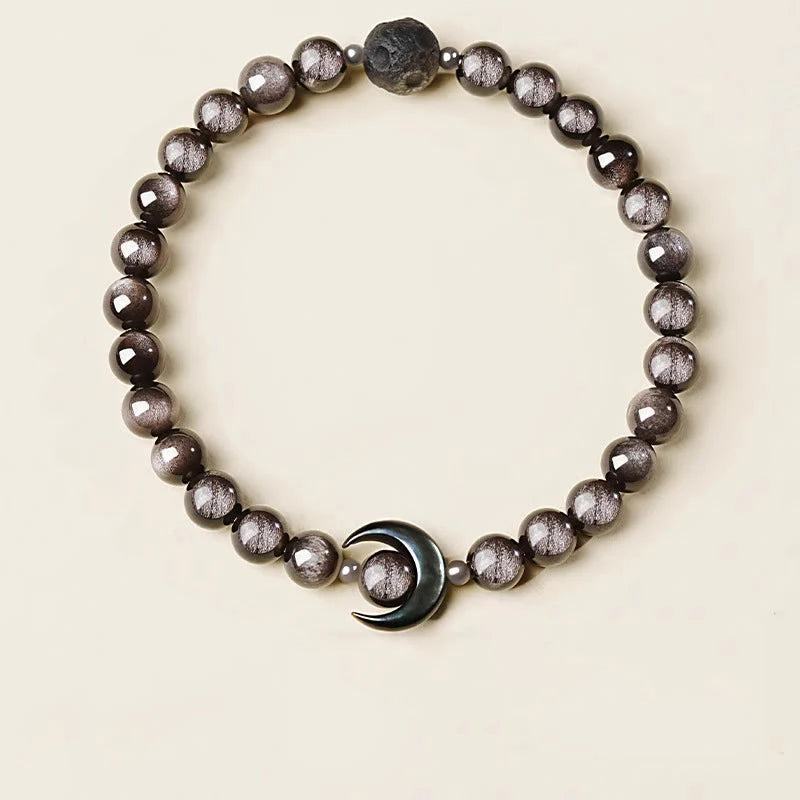 Buddha Stones Moon Design Natural Silver Sheen Obsidian Protection Beaded Bracelet