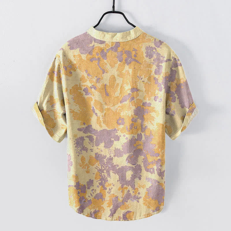 Buddha Stones Cotton Watercolor Floral Henley Men's Short Sleeve Half Button Shirt