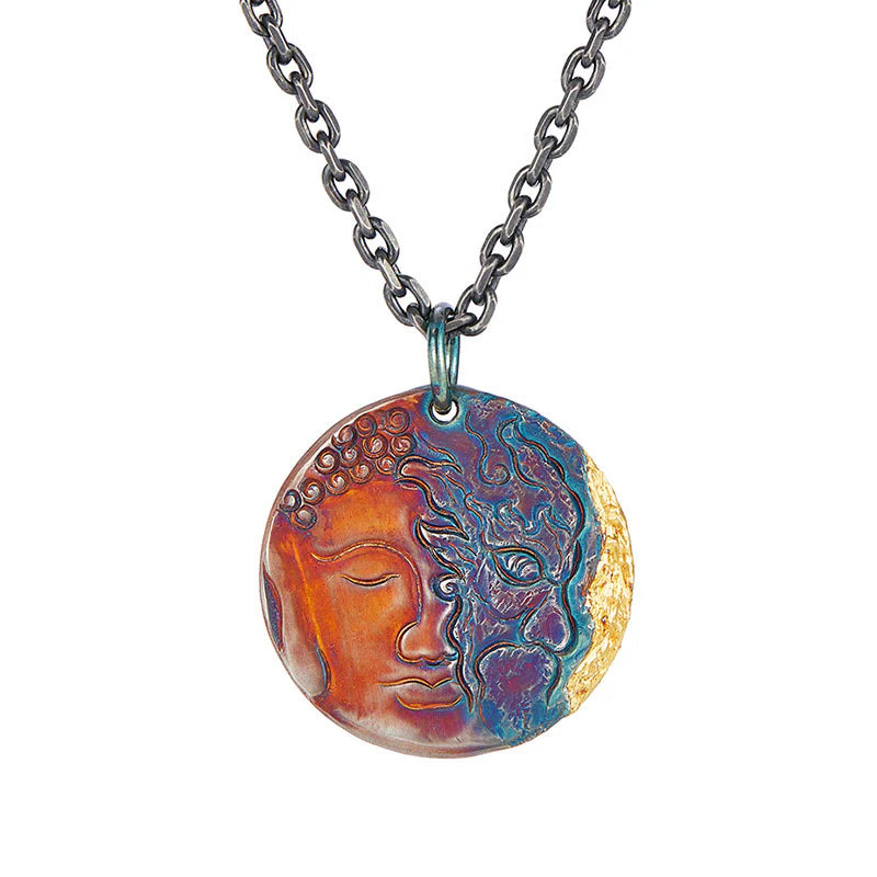 Buddha Stones 999 Sterling Silver 24K Gold Half Demon Half Buddha Compassion Necklace Pendant