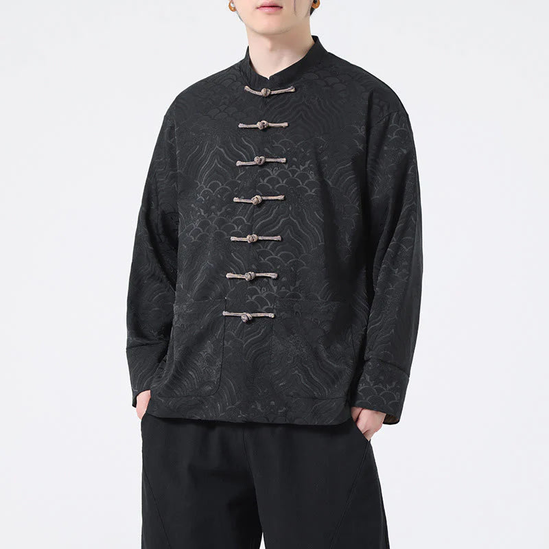 Buddha Stones Frog-Button Mountain Wave Pattern Long Sleeve Men's Cotton Jacket With Pockets