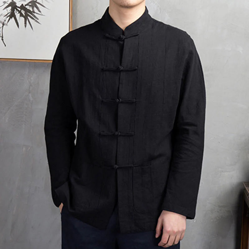 Buddha Stones Solid Color Casual Frog-button Men's Shirt Clothing