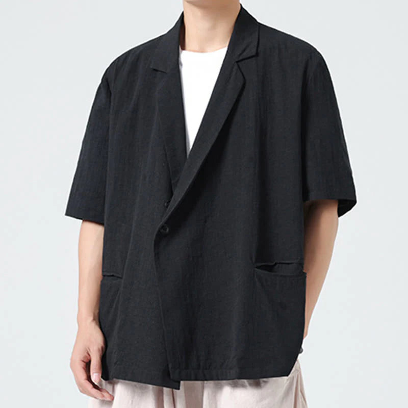 Buddha Stones Spring Plain Asymmetrical Lapel Collar Short Sleeve Men's Cotton Linen Shirt With Pockets