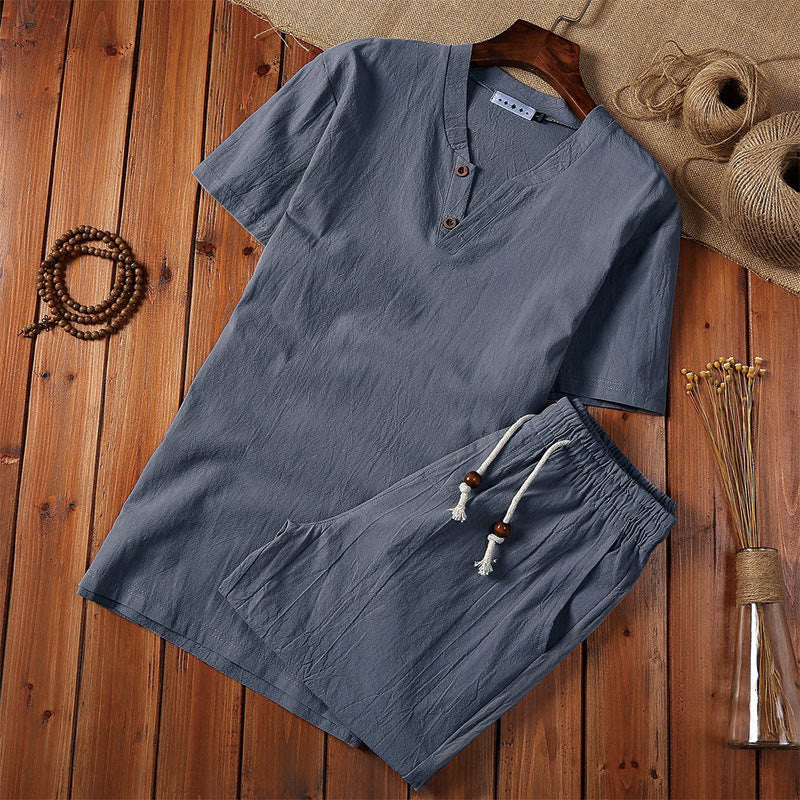 Buddha Stones 2Pcs Plain Notched Collar Short Sleeve T-Shirt Shorts With Pockets Cotton Linen Men's Meditation Cloth Set