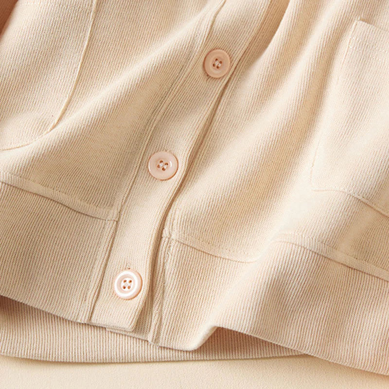 Buddha Stones Plain Buttons Women's Cotton Hooded Jacket With Pockets