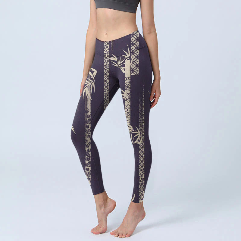 Buddha Stones Bamboo Water Wave Pattern Print Gym Leggings Women's Yoga Pants