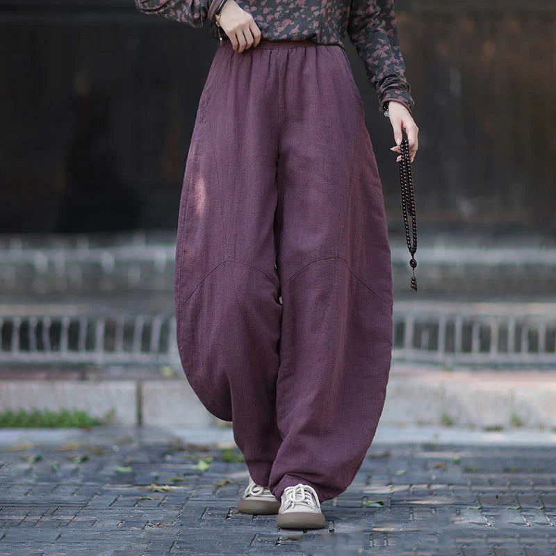 Buddha Stones Winter Elastic Waist Ramie Cotton Thermal Women's Pants With Pockets