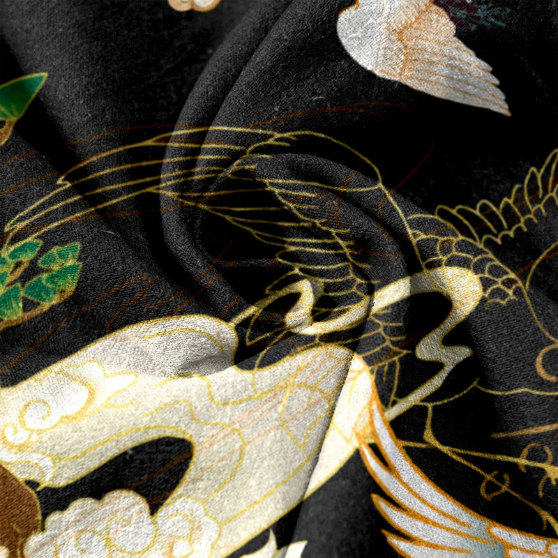 Buddha Stones Cotton Casual Flying Cranes Auspicious Clouds Tree Women's Elastic Waist Pants With Pockets