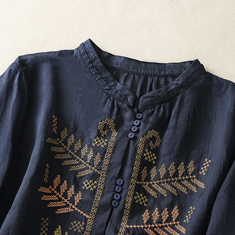 Buddha Stones Casual Artistic Embroidery Leaves Pattern Women's Cotton Linen Three Quarter Sleeve Shirt Cardigan