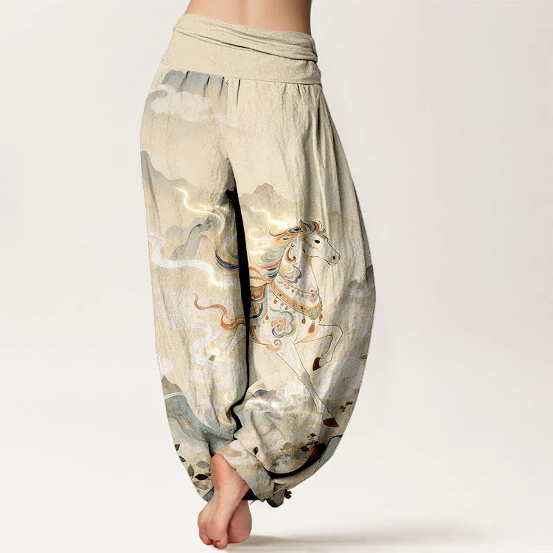 Buddha Stones Cotton Gorgeous Mountain Horse Cloud Pattern Women's Elastic Waist Harem Pants