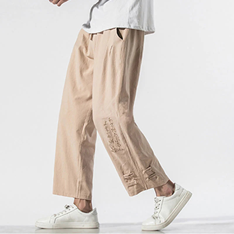 Buddha Stones Summer Chinese Characters Embroidery Men's Cotton Linen Pants With Pockets