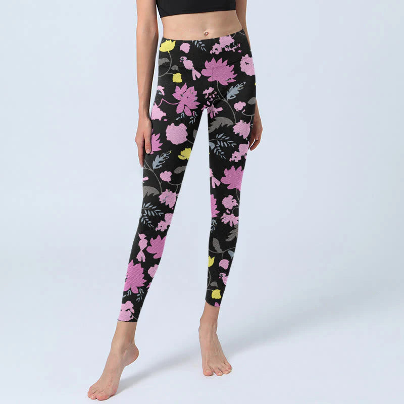 Buddha Stones Watercolor Style Softly Colored Flower Leaf Pattern Print Gym Leggings Women's Yoga Pants