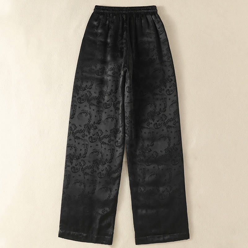 Buddha Stones Jacquard High Waist Design Women's Wide Leg Thermal Thickened Pants With Pockets