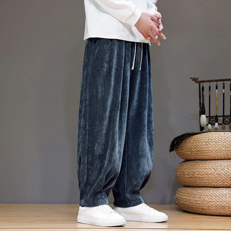 Buddha Stones Winter Pure Color Cotton Men's Harem Thickened Fleece-lined Pants With Pockets