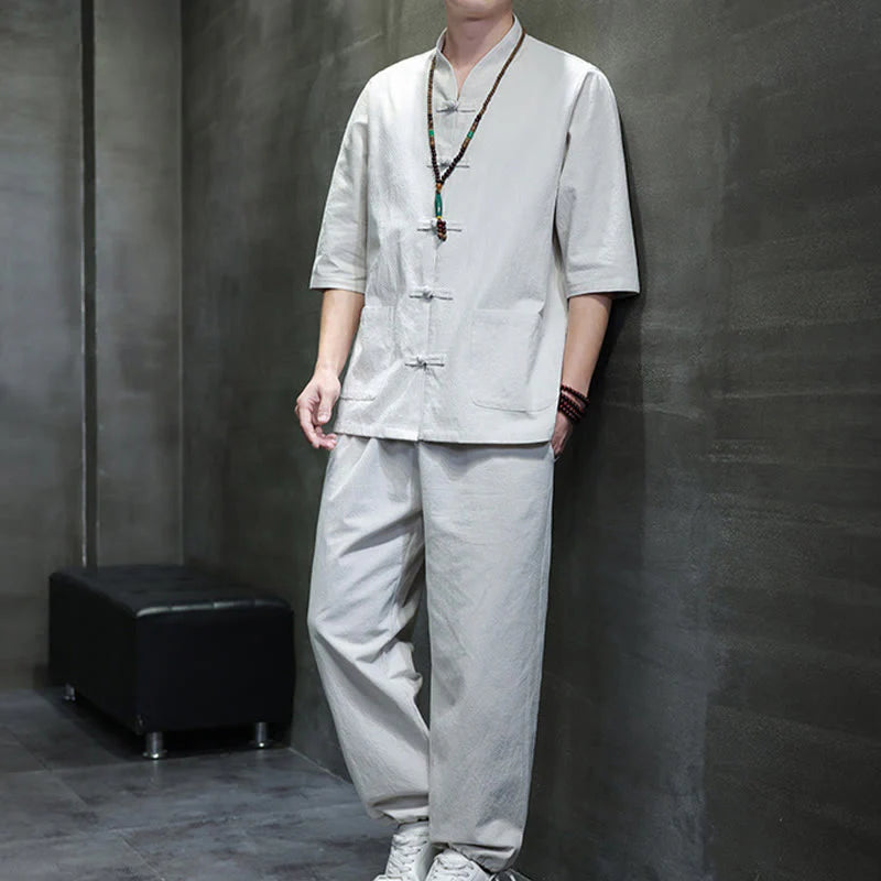 Buddha Stones 2Pcs Tang Suit Frog-Button Design Shirt Pants With Pockets Men's Cotton Linen Meditation Cloth Set