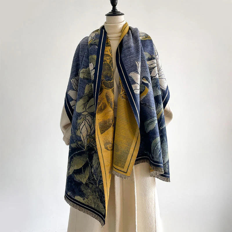 Buddha Stones Winter White Magnolia Flowers Little Bird Pattern Warm Cozy Scarf Shawl