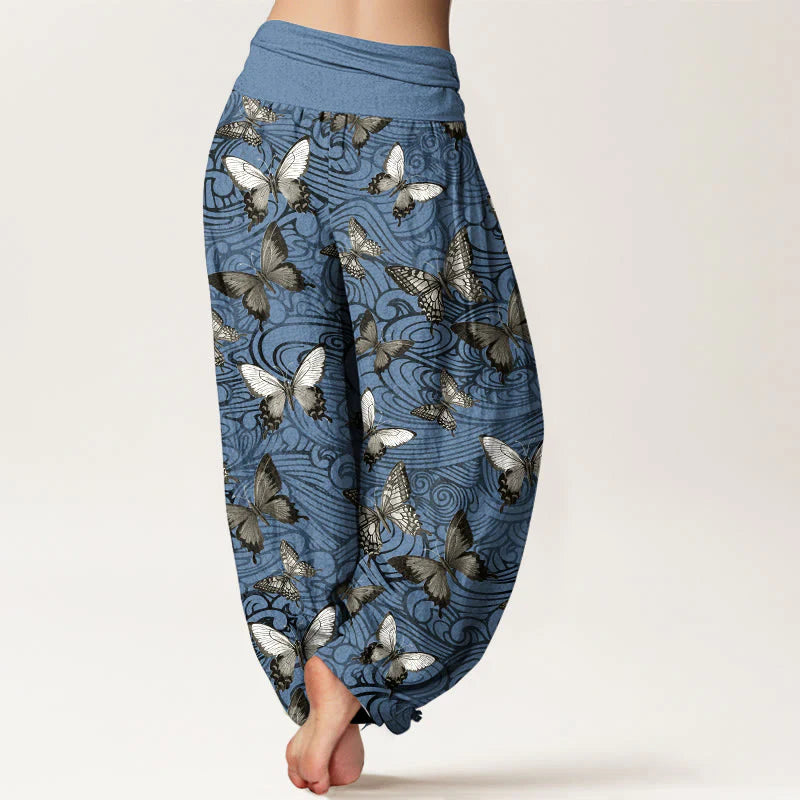 Buddha Stones Pure Cotton Gray Black Butterfly Striped Women's Elastic Waist Harem Pants