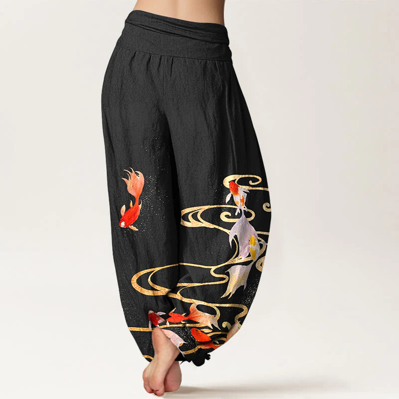 Buddha Stones Pure Cotton Koi Fish Koi Water Ripples Pattern Women's Elastic Waist Harem Pants
