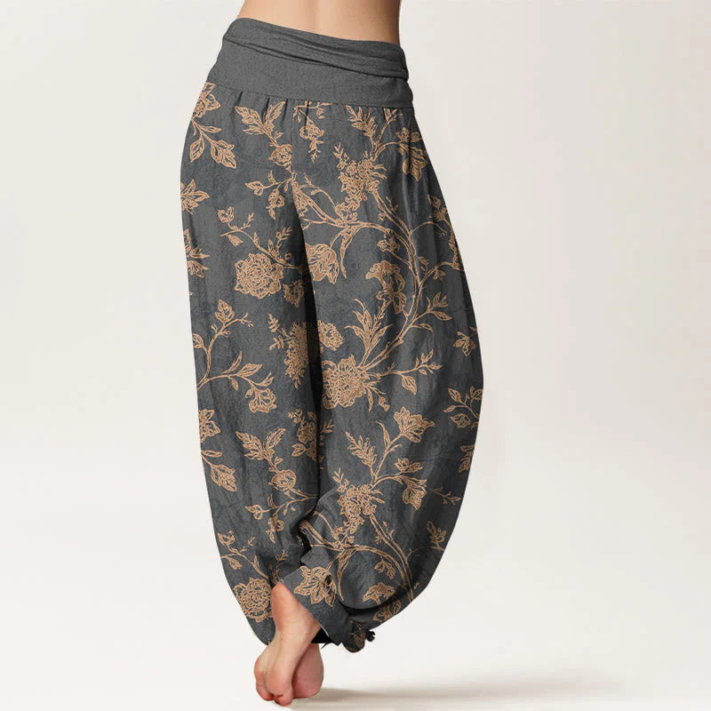 Buddha Stones Cotton Full Coverage Flowers Pattern Women's Elastic Waist Harem Pants