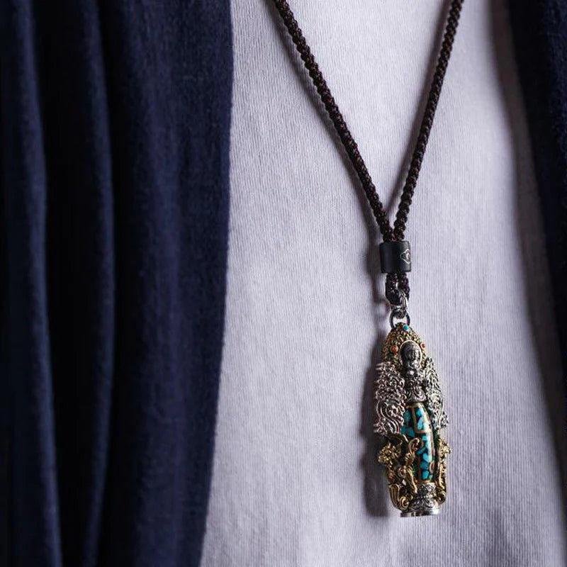 Buddha Stones Tibetan Nine-Eye Dzi Bead Turquoise Buddha Wealth Rotation Necklace (Extra 30% Off | USE CODE: FS30)