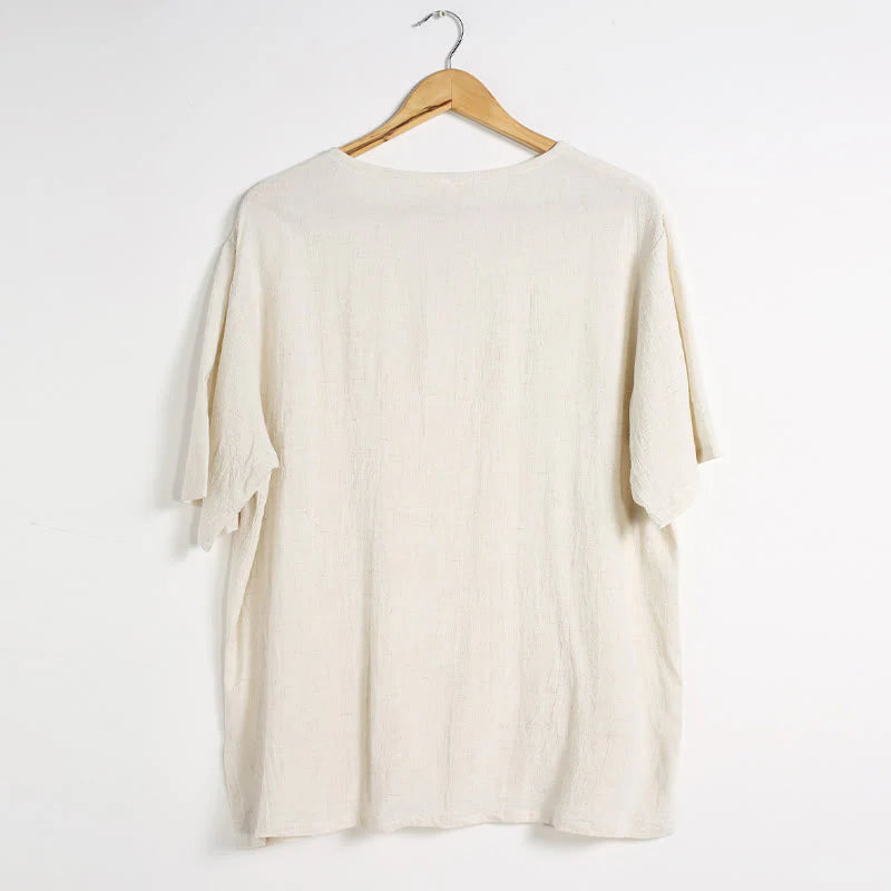 Buddha Stones Men's Solid Color Round Neck Short Sleeve CottonÂ Linen Shirt