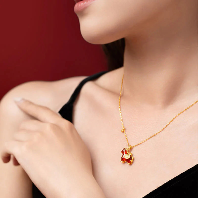 Buddha Stones Year Of The Horse Red Agate Fu Character Confidence Necklace Pendants