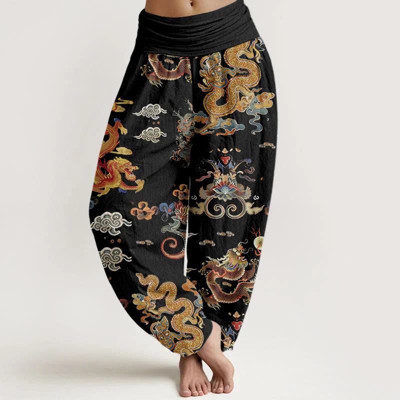 Buddha Stones Cotton Golden Dragons Auspicious Clouds Design Women's Elastic Waist Harem Pants