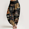 Buddha Stones Cotton Golden Dragons Auspicious Clouds Design Women's Elastic Waist Harem Pants