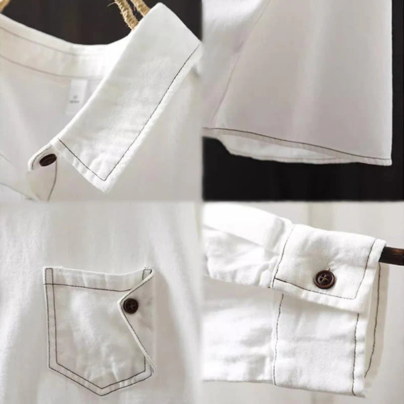 Buddha Stones Fall Buttons Down Pocket Decor Design Women's Stand Collar Long Sleeve Cotton Shirt