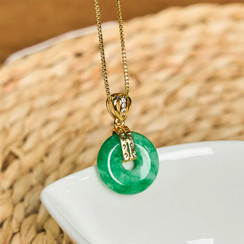 Buddha Stones Cyan Jade Peace Buckle Healing Luck Necklace Pendant