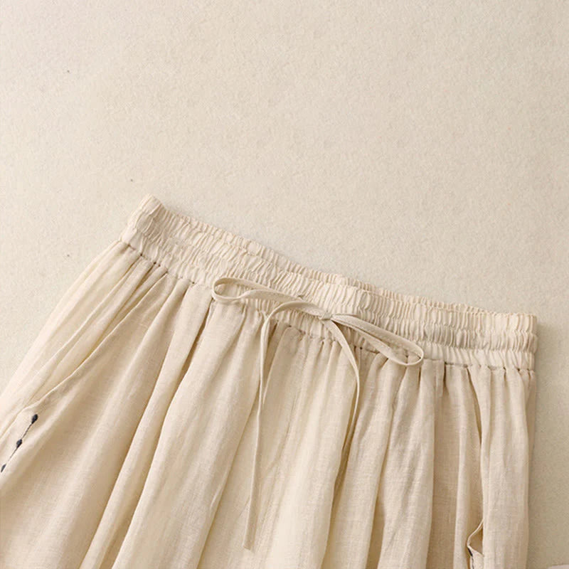 Buddha Stones Commute Solid Color Embroidery Drawstring Women's Wide Leg Ankle-Length Cotton Pants With Pockets
