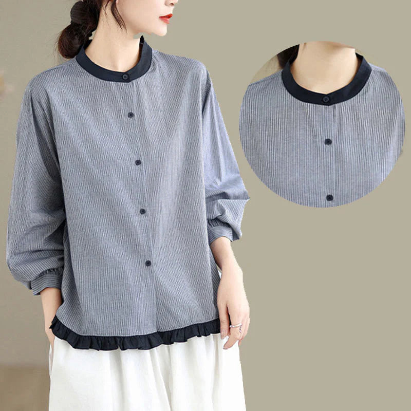 Buddha Stones Fall Plaid Striped Pattern Ruffled Hem Buttons Women's Cotton Long Sleeve Shirt