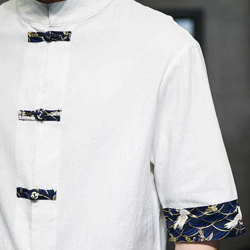 Buddha Stones Solid Color Frog-Button Stand Collar Men's Short Sleeve White Crane Cotton Shirt
