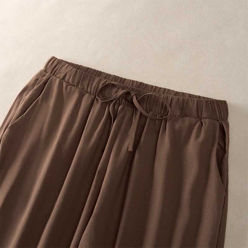 Buddha Stones Summer Lace-trimmed Hem Solid Color Women's Tapered Pants With Pockets