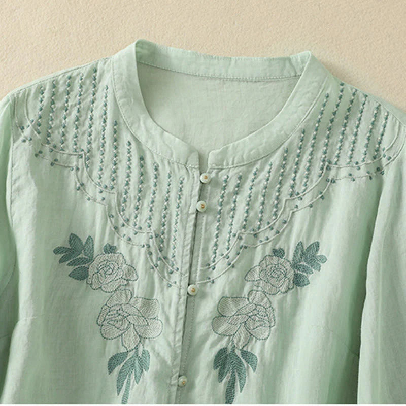 Buddha Stones Rose Floral Embroidery Button Half Sleeve Women's Cotton Shirt