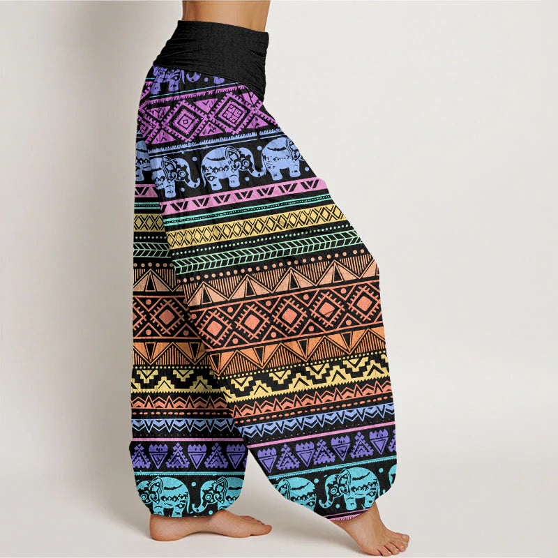 Buddha Stones Cotton Casual Elephant Geometric Figure Women's Elastic Waist Harem Pants
