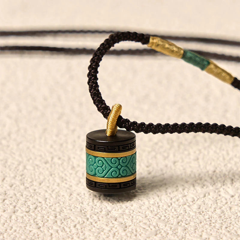 Buddha Stones Ebony Wood Turquoise Cylinder Peace Necklace Pendant