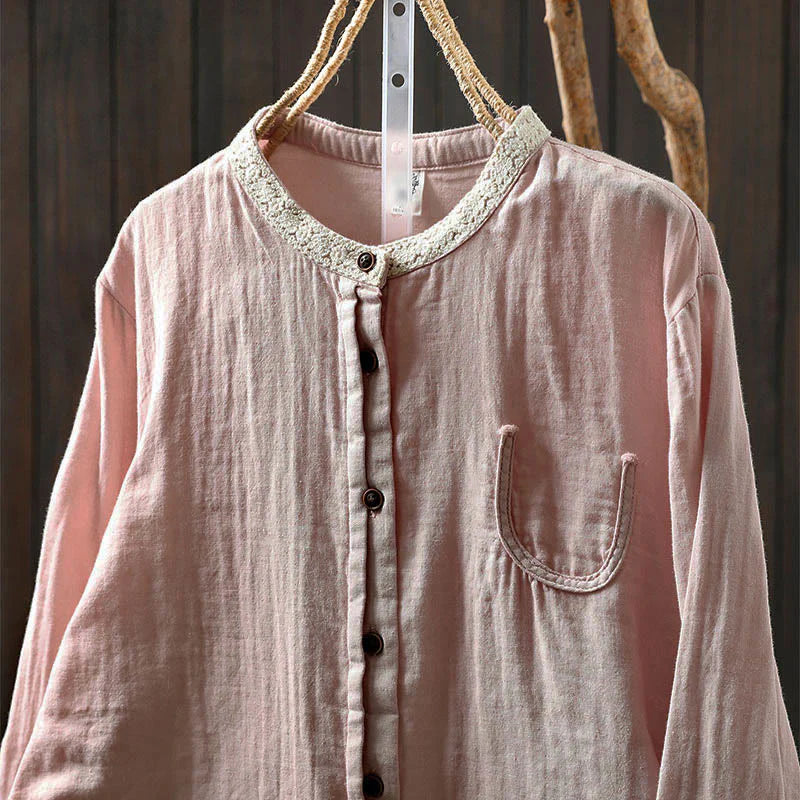 Buddha Stones Spring Fall Lace Collar Button Down Long Sleeve Women's Cotton Shirt