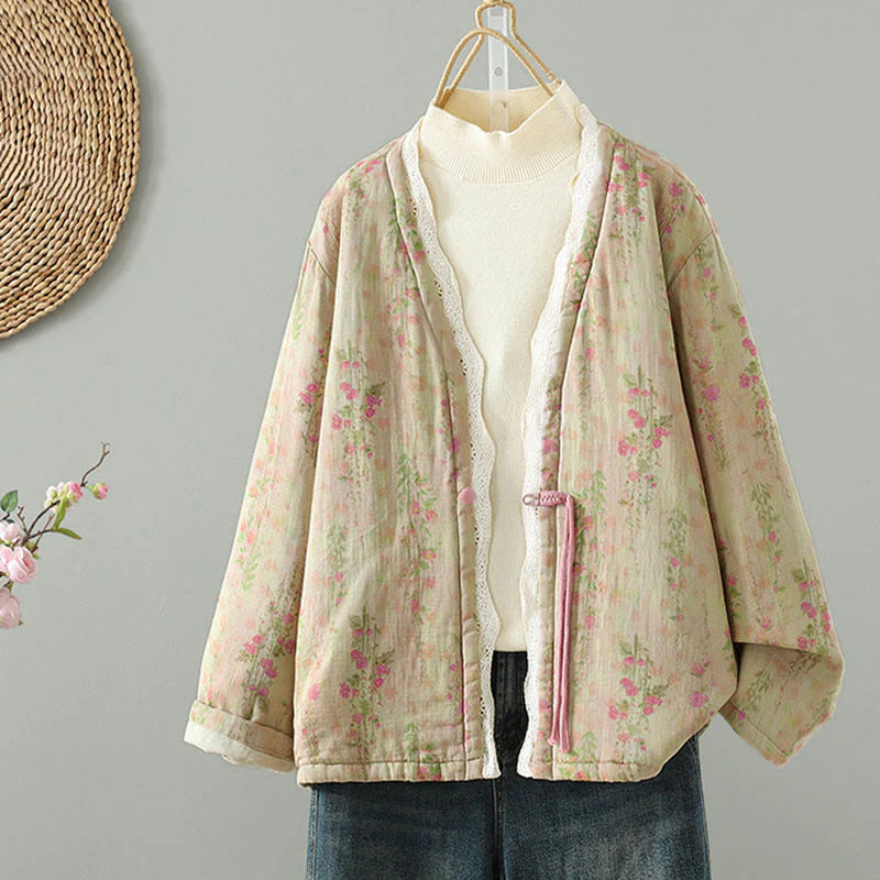 Buddha Stones Winter Lace Patchwork Long Sleeve Cotton Women's Thermal Jacket With Pockets