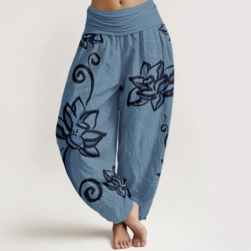 Buddha Stones Cotton Casual Lotus Auspicious Clouds Design Women's Elastic Waist Harem Pants