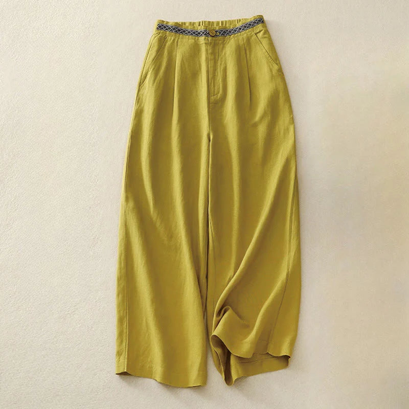 Buddha Stones Summer Plain Color 7-8 Length Cotton Linen Women's Wide Leg Pants With Pockets Zipper
