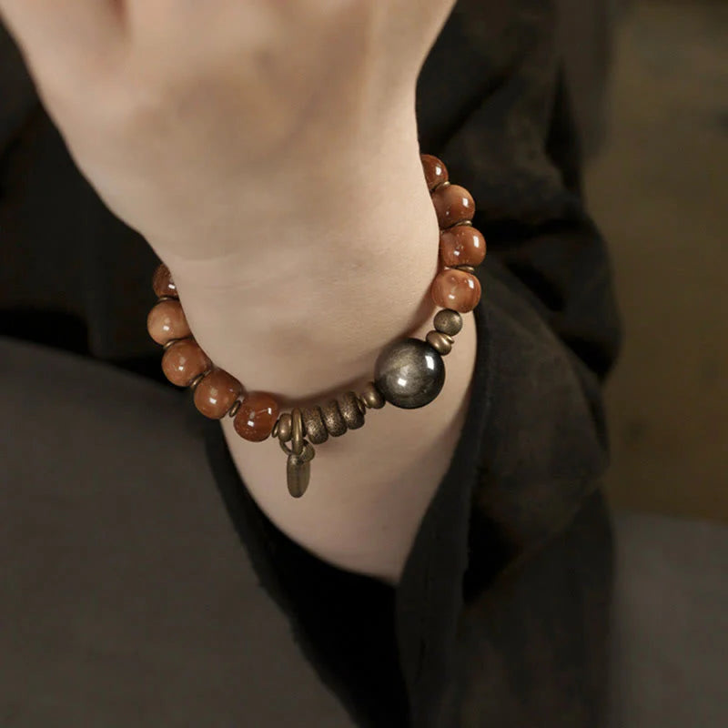 Buddha Stones Kuka Seed Tiger Eye Gold Sheen Obsidian Brass Copper Wealth Luck Bracelet