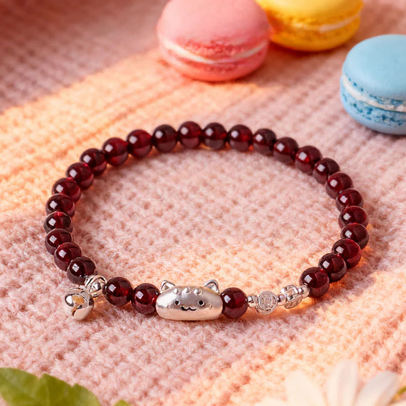 Buddha Stones 999 Sterling Silver Natural Cute Cat Head Garnet Protection Bead Bracelet