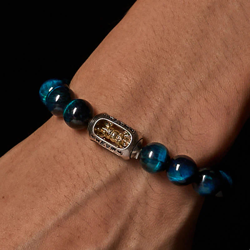 Buddha Stones Natural Blue Tiger Eye Om Mani Padme Hum Strength Bracelet