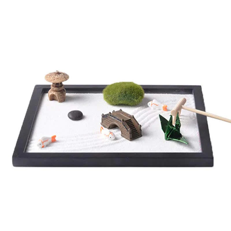 Buddha Stones Koi Fish Small Bridge Grass Landscape Peace Meditation Zen Garden Decoration