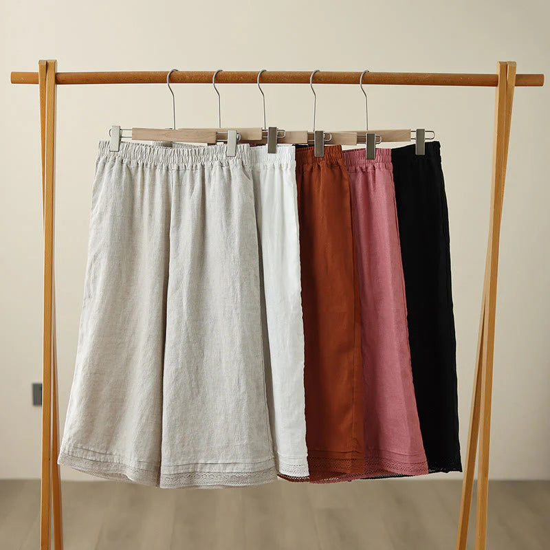 Buddha Stones Commute Retro Plain Lace Patchwork Design 7-8 Length Women's Wide Leg Cotton Pants With Pockets