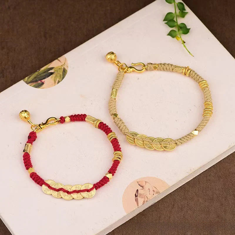 Buddha Stones Handmade Five Emperor Coins Wealth String Braided Bracelet