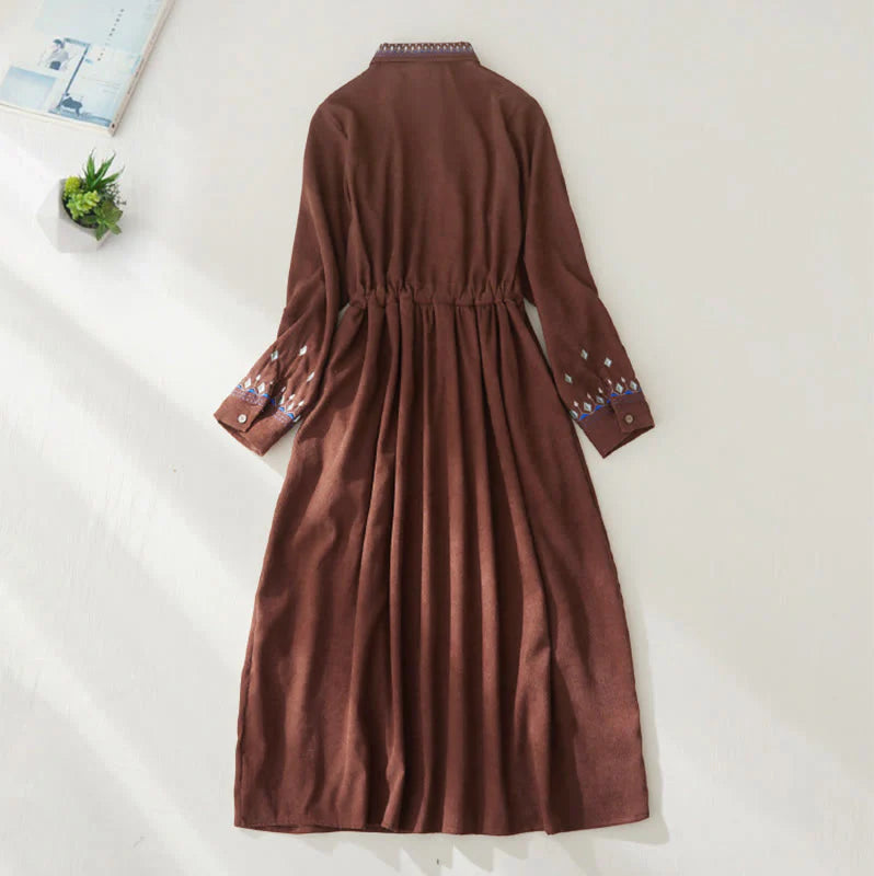 Buddha Stones Embroidered Floral Pattern Lace-up Design Long Sleeve Midi Dress With Pockets