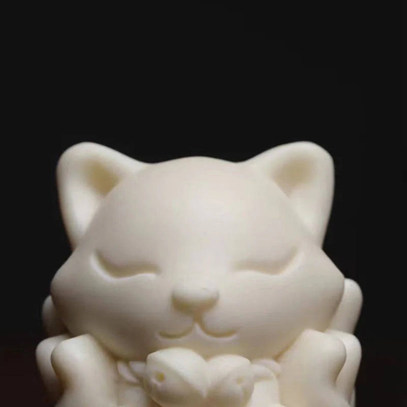 Buddha Stones Mini Nine Tailed Fox Ivory Fruit Sandalwood Green Sandalwood Blessing Decoration